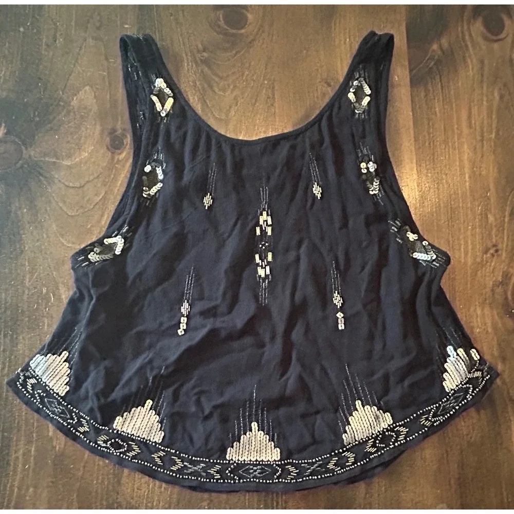 Free People Tank Top Medium Black Sequin Beaded Boho Crop Scoop Open Sides Flowy